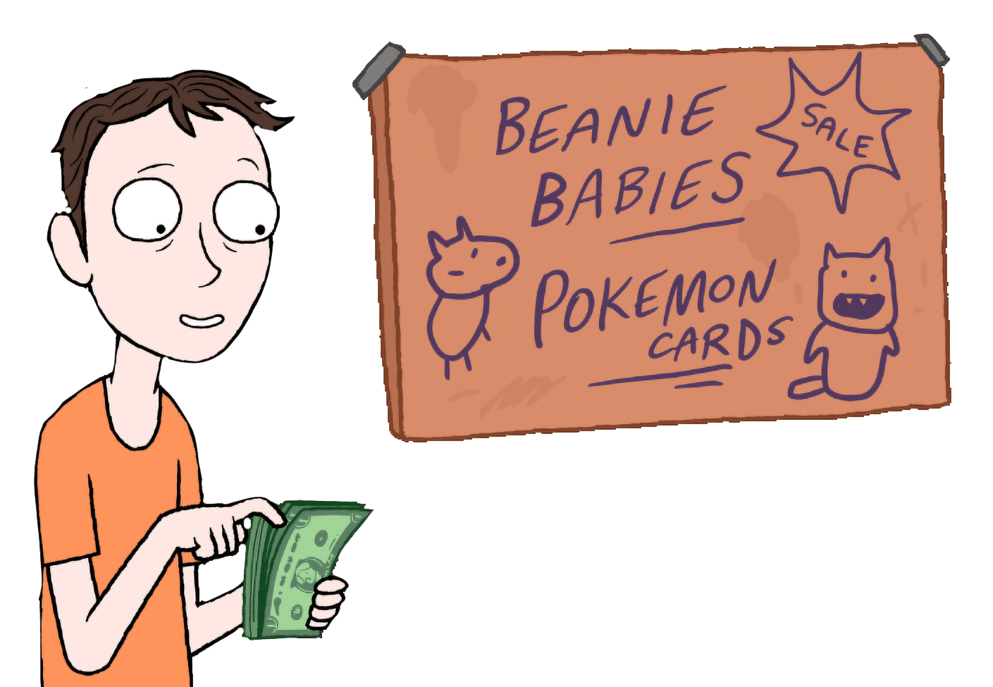 Character holding cash next to Beanie Babies sale sign